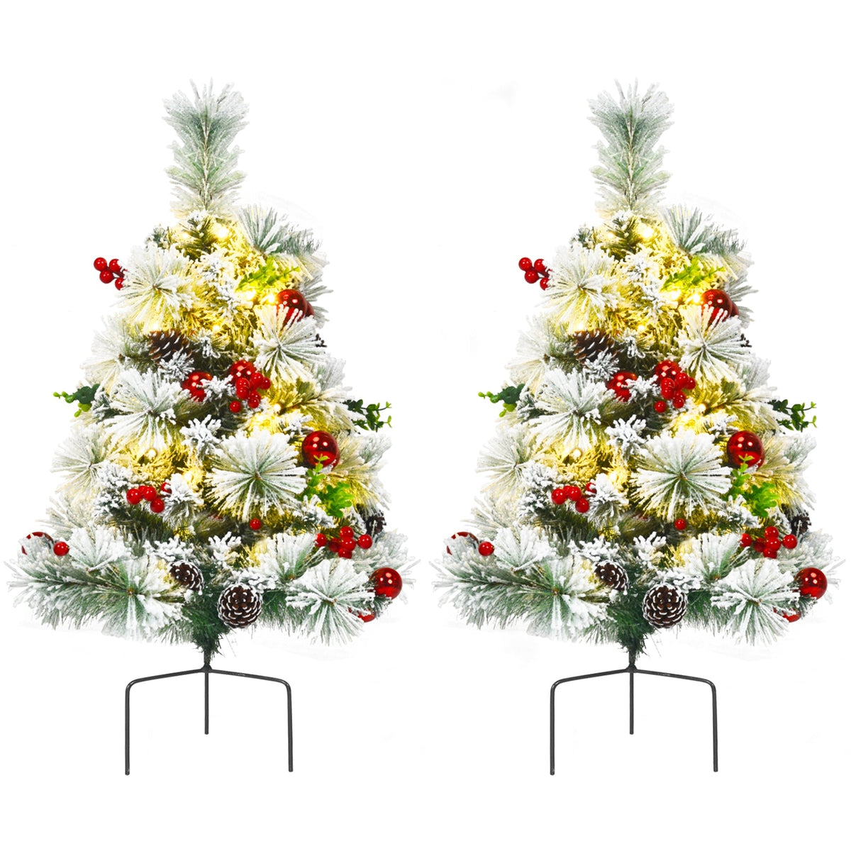 2 Feet Set of 2 Pre-lit Pathway Flocked Christmas Trees Battery Powered 3
