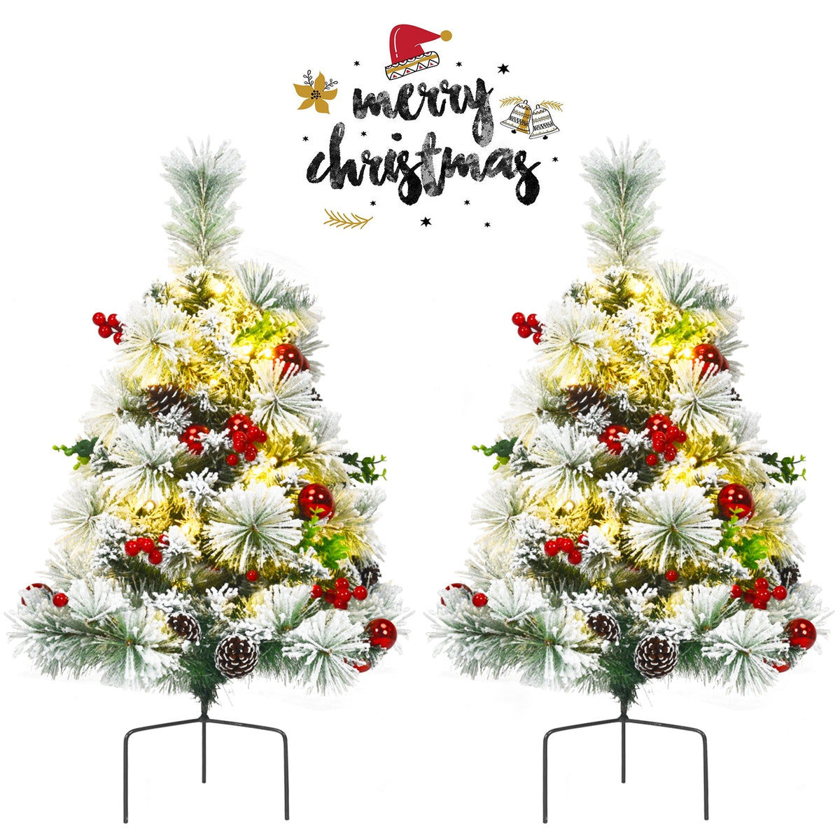 2 Feet Set of 2 Pre-lit Pathway Flocked Christmas Trees Battery Powered 7
