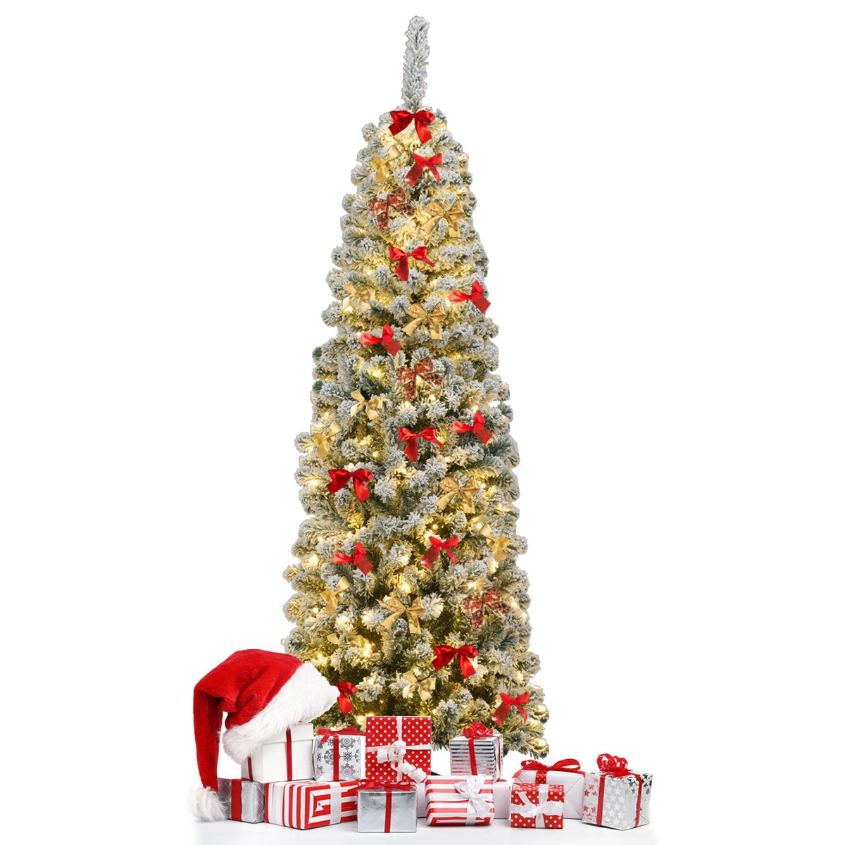 6 Feet Pre-lit Snow Flocked Artificial Pencil Christmas Tree with 250 LED Lights 4
