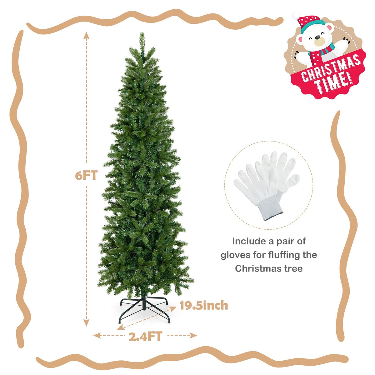 6 Feet Pre-Lit Artificial Christmas Pencil Tree with 648 PVC PE Branch Tips 5