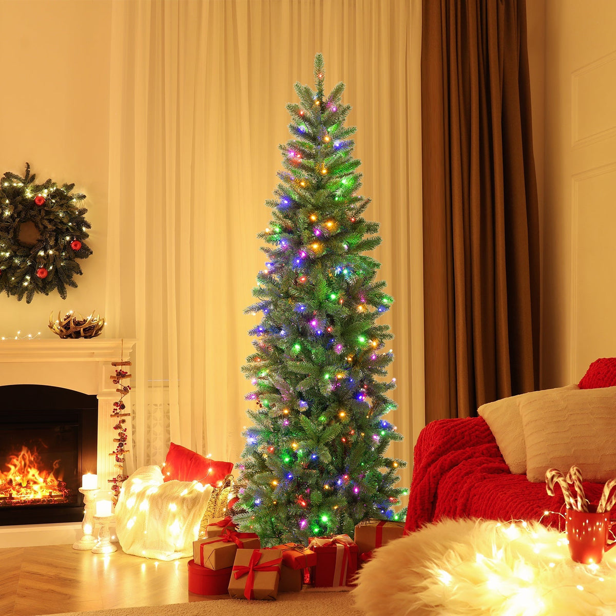 6 Feet Pre-Lit Artificial Christmas Pencil Tree with 648 PVC PE Branch Tips 1