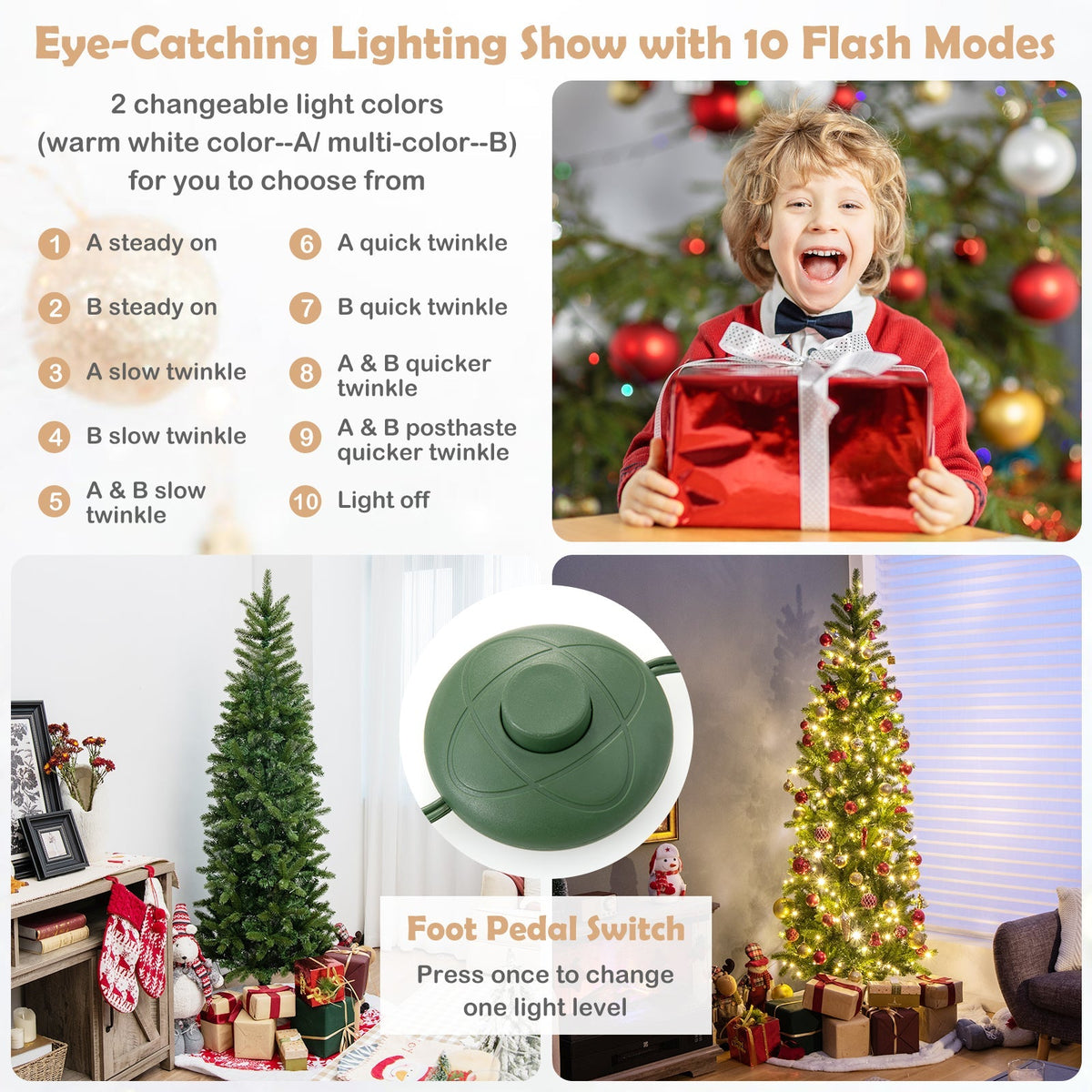 6 Feet Pre-Lit Artificial Christmas Pencil Tree with 648 PVC PE Branch Tips 8