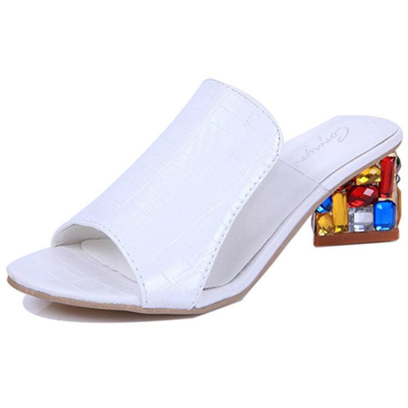 Crystal Sandals Open Toe Square Heels Spring Summer Shoes Sandals Women Footwear Low Block Heels Mules Open Toe Ankle Strap Sandals Square Toe Mixed Colors Beautiful Sandals 7