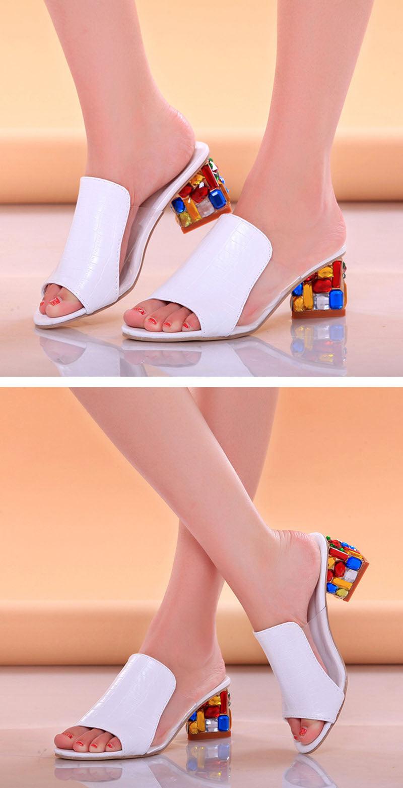 Crystal Sandals Open Toe Square Heels Spring Summer Shoes Sandals Women Footwear Low Block Heels Mules Open Toe Ankle Strap Sandals Square Toe Mixed Colors Beautiful Sandals 8