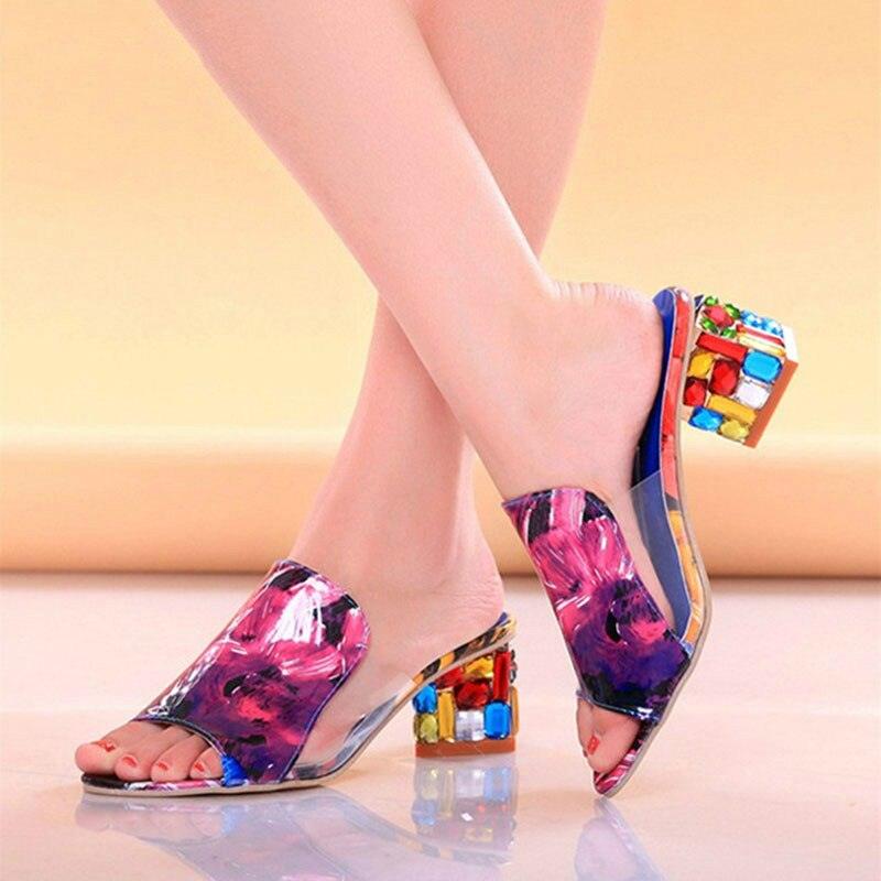 Crystal Sandals Open Toe Square Heels Spring Summer Shoes Sandals Women Footwear Low Block Heels Mules Open Toe Ankle Strap Sandals Square Toe Mixed Colors Beautiful Sandals 4