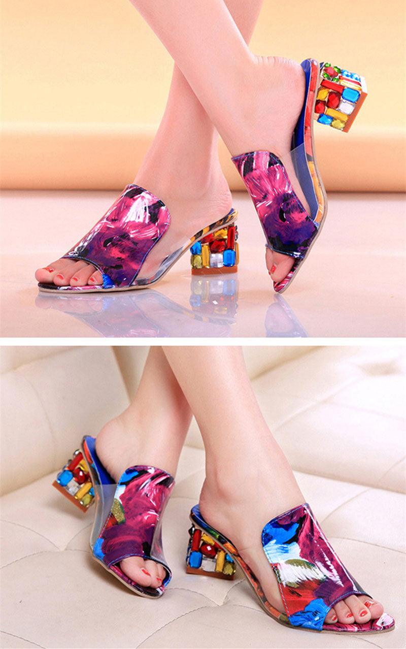Crystal Sandals Open Toe Square Heels Spring Summer Shoes Sandals Women Footwear Low Block Heels Mules Open Toe Ankle Strap Sandals Square Toe Mixed Colors Beautiful Sandals 2
