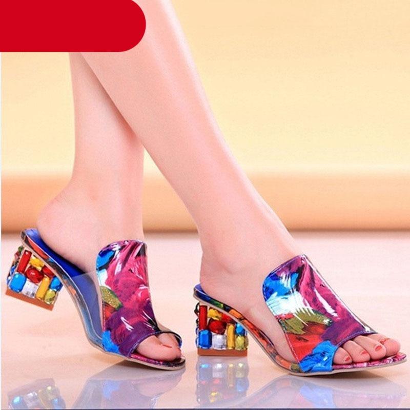 Crystal Sandals Open Toe Square Heels Spring Summer Shoes Sandals Women Footwear Low Block Heels Mules Open Toe Ankle Strap Sandals Square Toe Mixed Colors Beautiful Sandals 1
