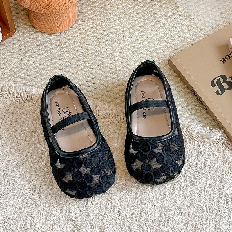 Girls' Flower Mesh Sandals Solid Color Transparent Mesh Princess Shoes 3