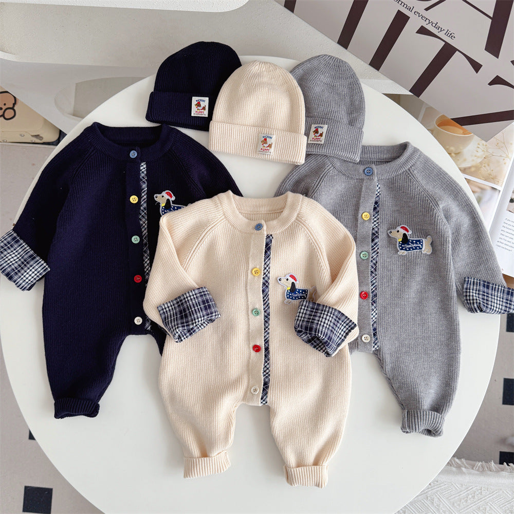 Trendy Knitted Wool Romper Two-piece Set Dachshund-themed Onesie 1