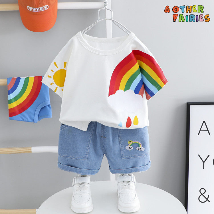 Boys And Girls Short-sleeved Denim Five-point Pants Two-piece Cute Pants Suit Cotton Short-sleeved 4