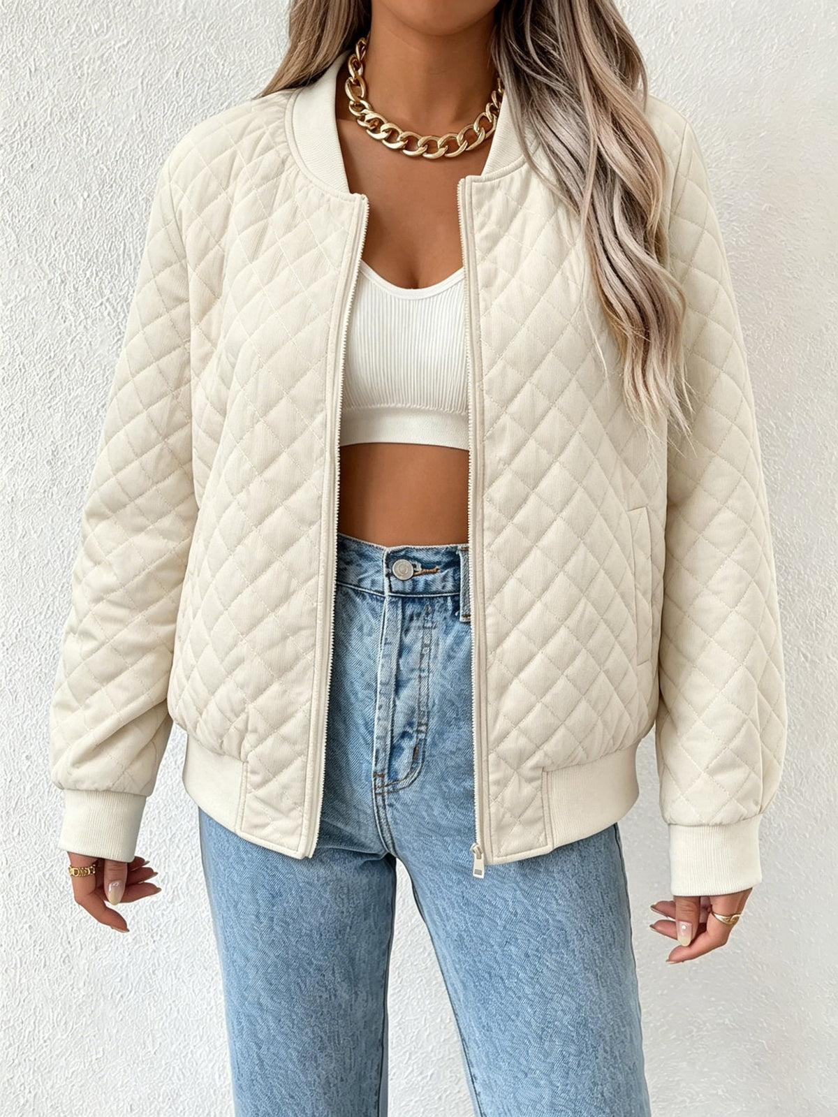Women Woven Quilted Bomber Jacket Zip Up Stand Collar Lightweight Outerwear 6