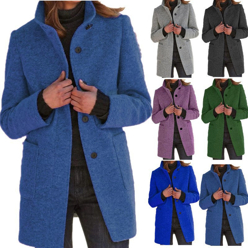 Fashion Stand Collar Woolen Coat With Pockets Fall Winter Casual Button Outwear For Women Clothing 1