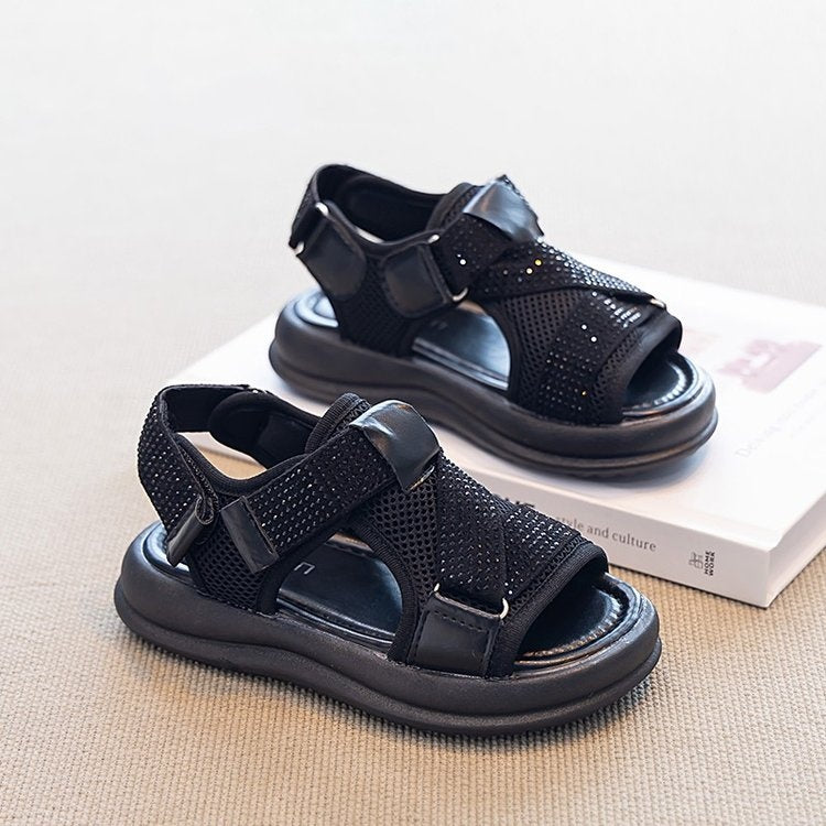 2026 New Summer Girls Rhinestone Roman Sandals, Thick Sole Hollow Breathable Casual Sports Fashion Versatile Sandals 5