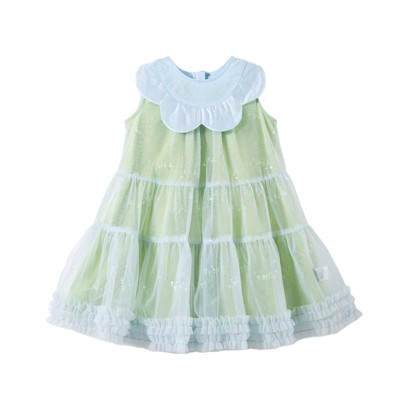 Floral-neck Sequined Tulle Ruffle-trimmed Dress For Girls 5