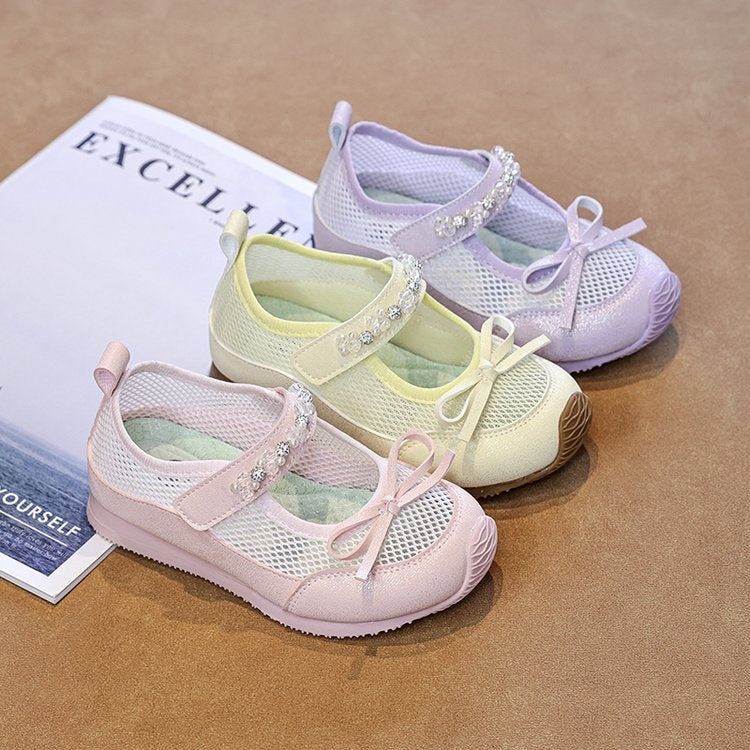 2026 Summer New Girls Ballet Shoes, Mary Jane Sandals With Bow & Rhinestone, Breathable Soft Sole Kids Shoes 4