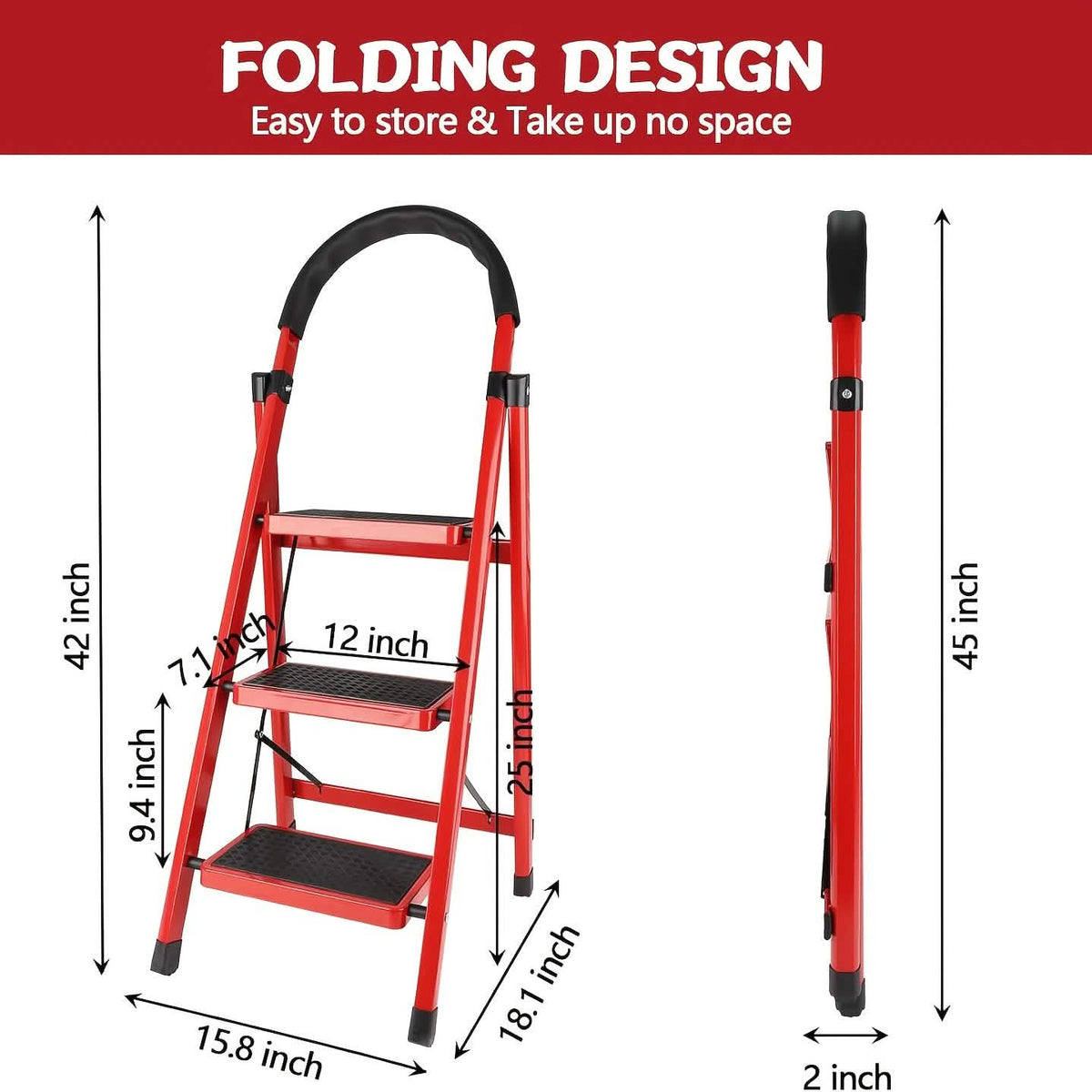 Folding 3/4-Step Ladder – Portable Steel Step Stool, Anti-Slip 2
