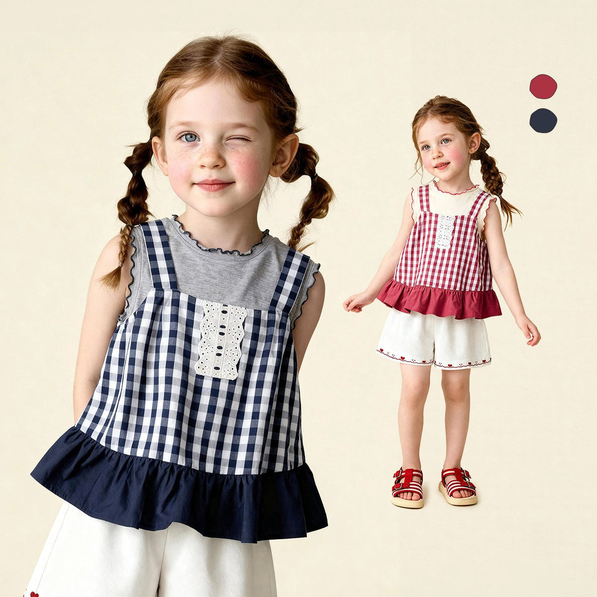 Plaid Knit Patchwork Artistic Top Set 2