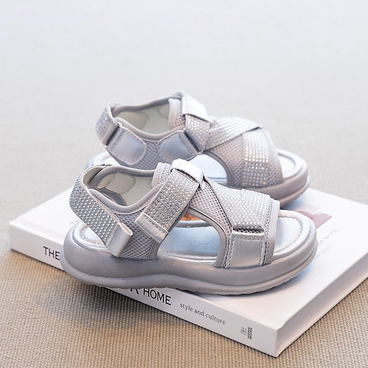2026 New Summer Girls Rhinestone Roman Sandals, Thick Sole Hollow Breathable Casual Sports Fashion Versatile Sandals 4