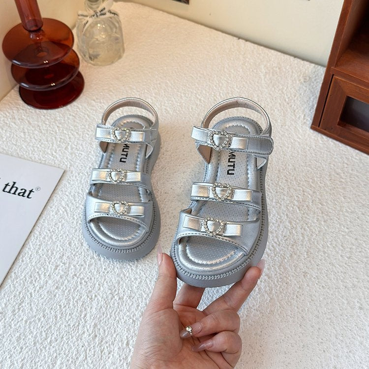 2025 Summer New Girls' Heart Rhinestone Sandals, Korean Style Princess Shoes With Bow, Kids Roman Sandals 4
