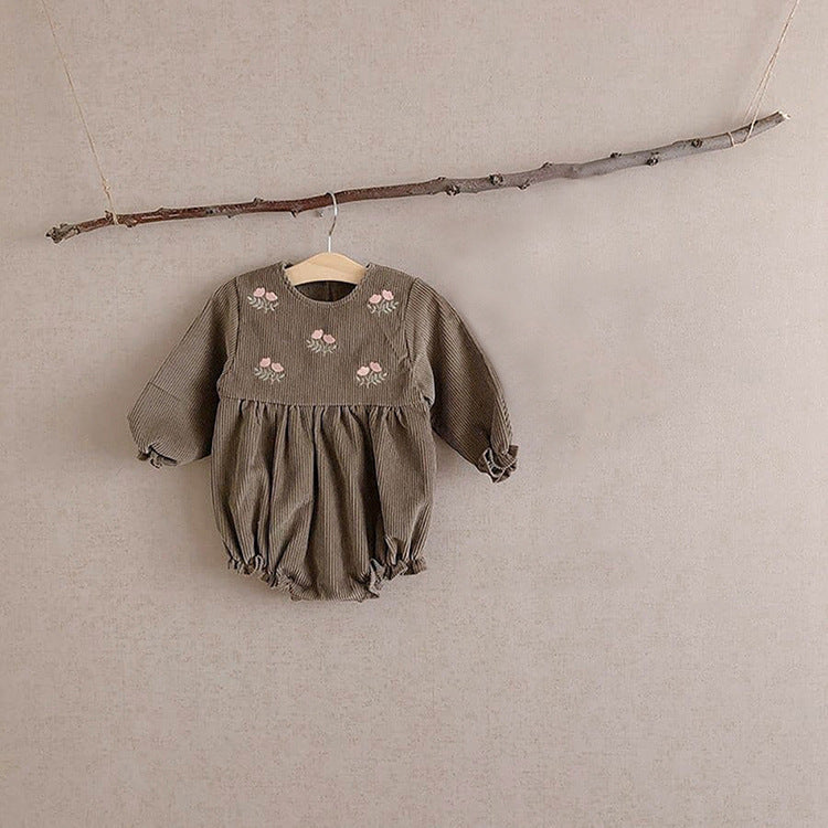 Kids Corduroy Embroidered Long Sleeve Romper Bodysuit 5