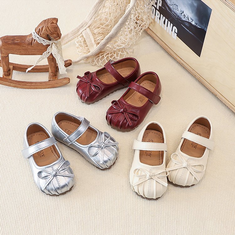 Xiaoxiangfeng Pleated Little Leather Shoes, Girls' Bow Princess Shoes, Shallow Single Shoes 1