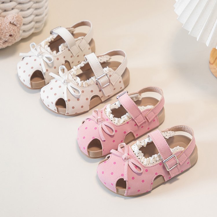 Girls' Sandals For Summer, Little Girls' Polka Dot Princess Shoes With Soft Soles And Toe Caps, Beach Walking Shoes For Beginners 5