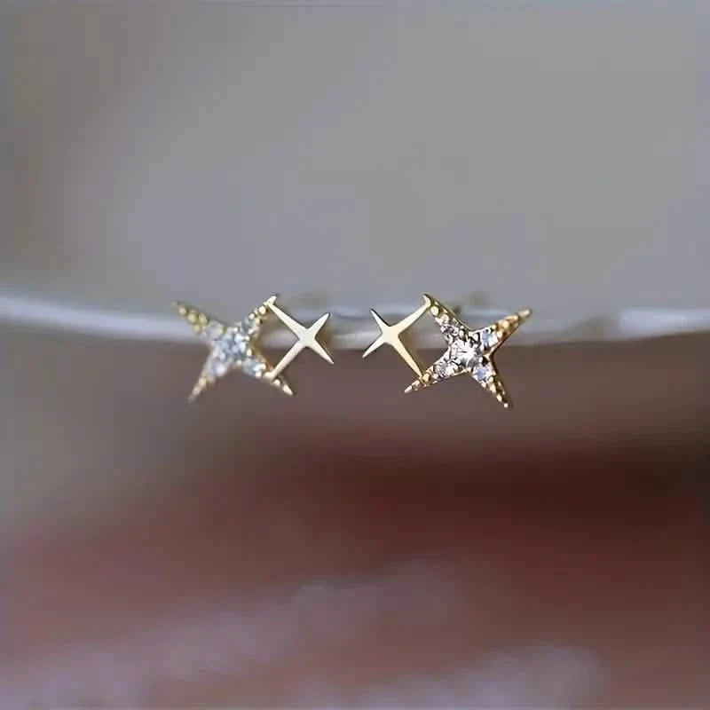 Double Star Design Stud Earrings Inlaid Zirconia 2