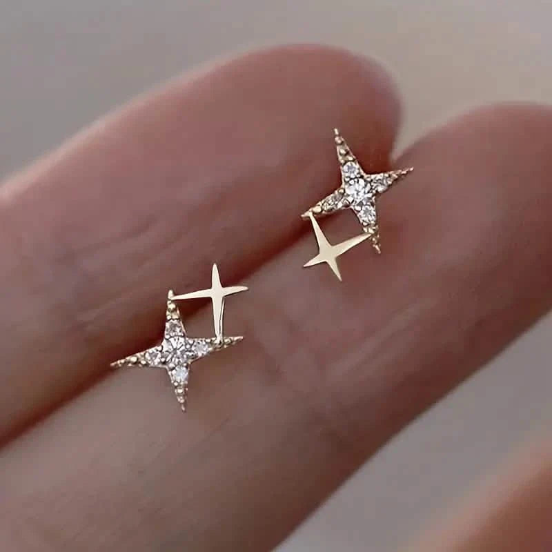 Double Star Design Stud Earrings Inlaid Zirconia 1