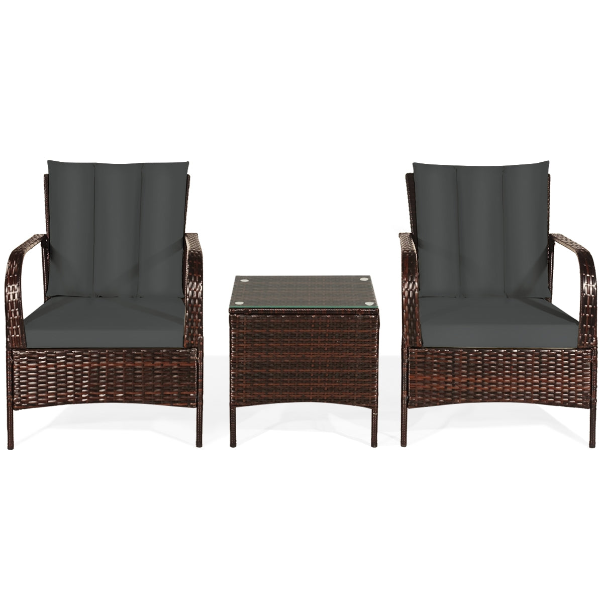 3 Pcs Patio Conversation Rattan Furniture Set with Glass Top Coffee Table and Cushions 6