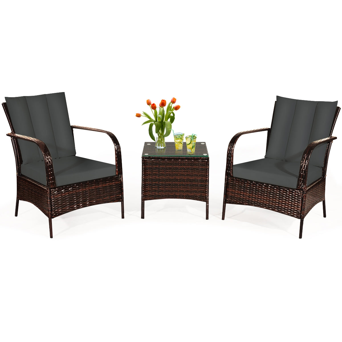 3 Pcs Patio Conversation Rattan Furniture Set with Glass Top Coffee Table and Cushions 3