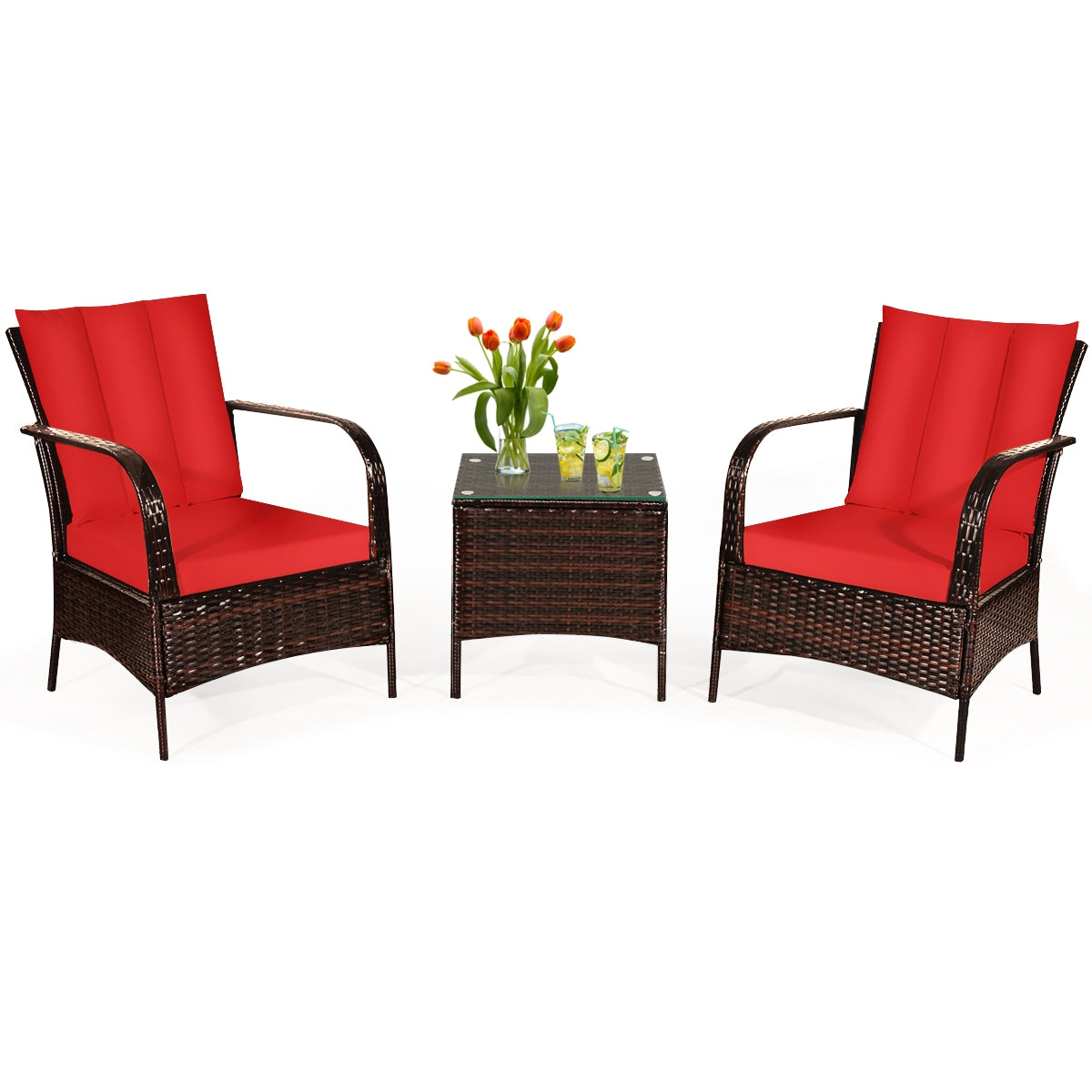 3 Pcs Patio Conversation Rattan Furniture Set with Glass Top Coffee Table and Cushions 9