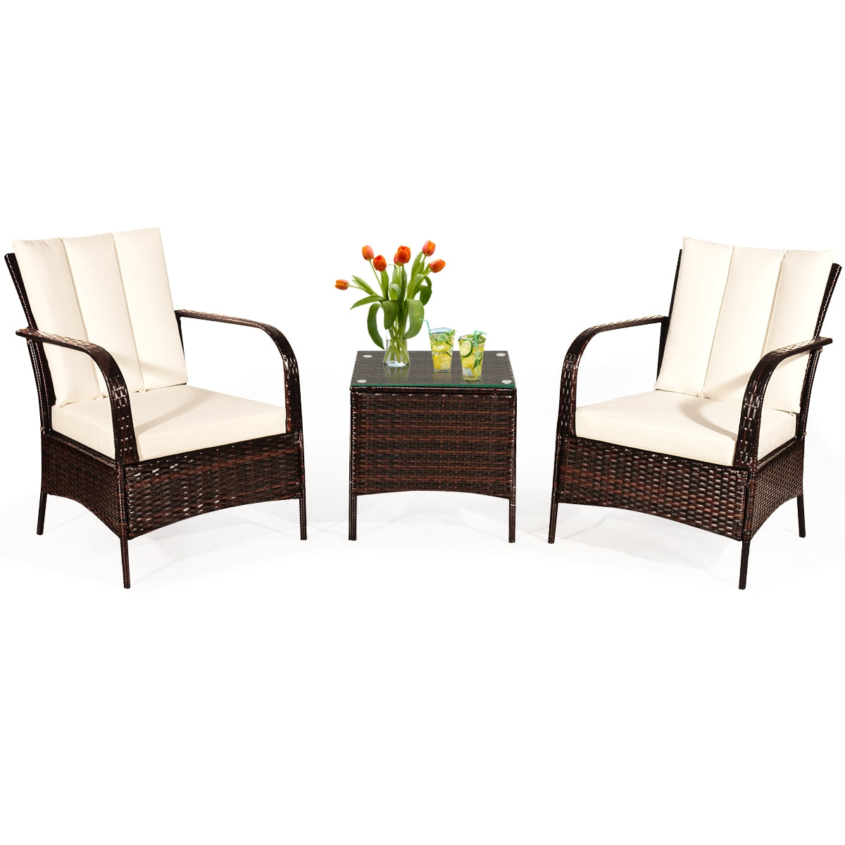 3 Pcs Patio Conversation Rattan Furniture Set with Glass Top Coffee Table and Cushions 11