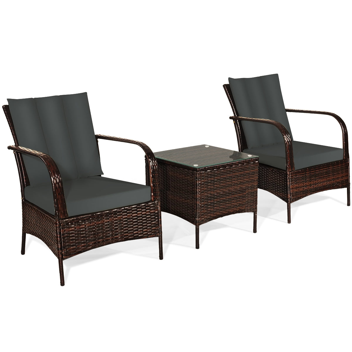 3 Pcs Patio Conversation Rattan Furniture Set with Glass Top Coffee Table and Cushions 4