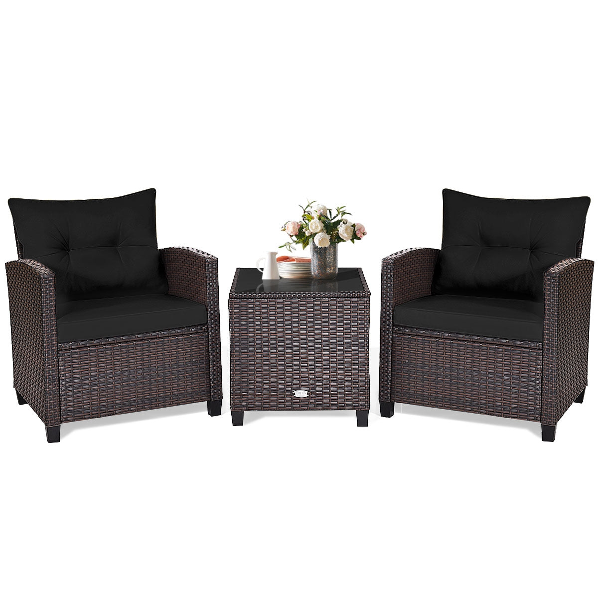 3 Pcs Patio Rattan Furniture Set Cushioned Conversation Set Coffee Table-Beige 4
