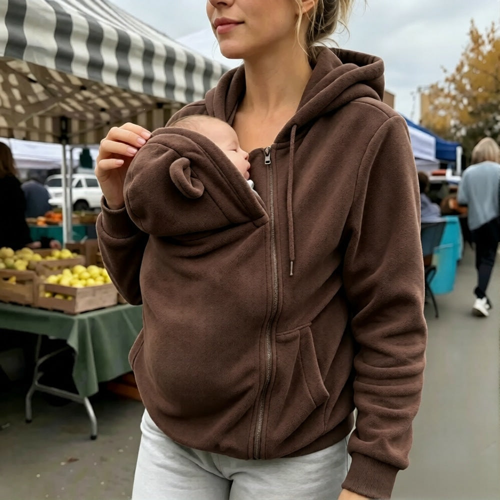Winter European And American Style Kangaroo Mom Sweatshirt Loose Zipper Hoodie Warm Outerwear For Moms With Kids 4