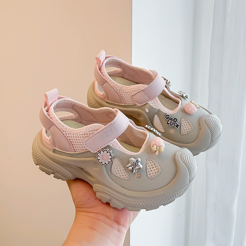 Trendy Brand Kids Mary Jane Sneakers, Hollow Out Heel Design, Hook-and-Loop Slip-On Breathable Mesh Shoes For Girls 5