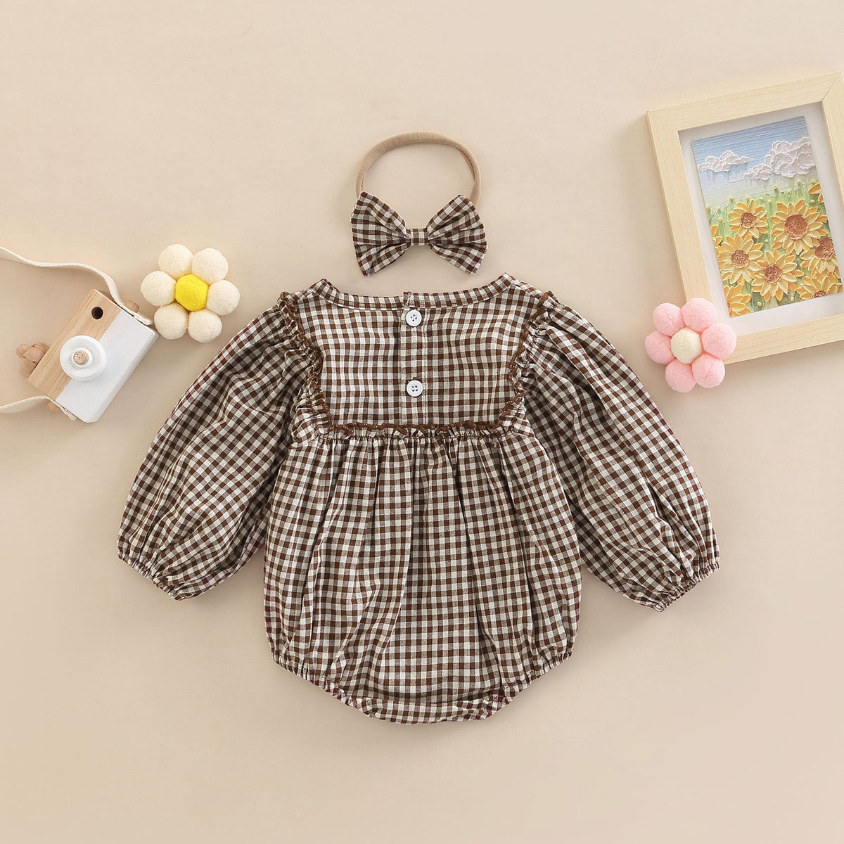 Simple Plaid-Print Long-Sleeve Outfit For Infants And Toddlers 4