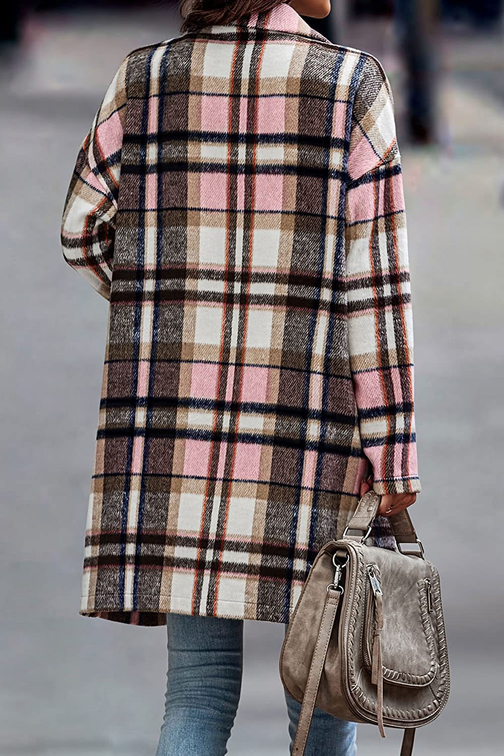 Fashion Plaid Long Jacket With Pockets Autumn And Winter New Style Turndown Collar Woolen Coat Outdoor Women Clothing 3