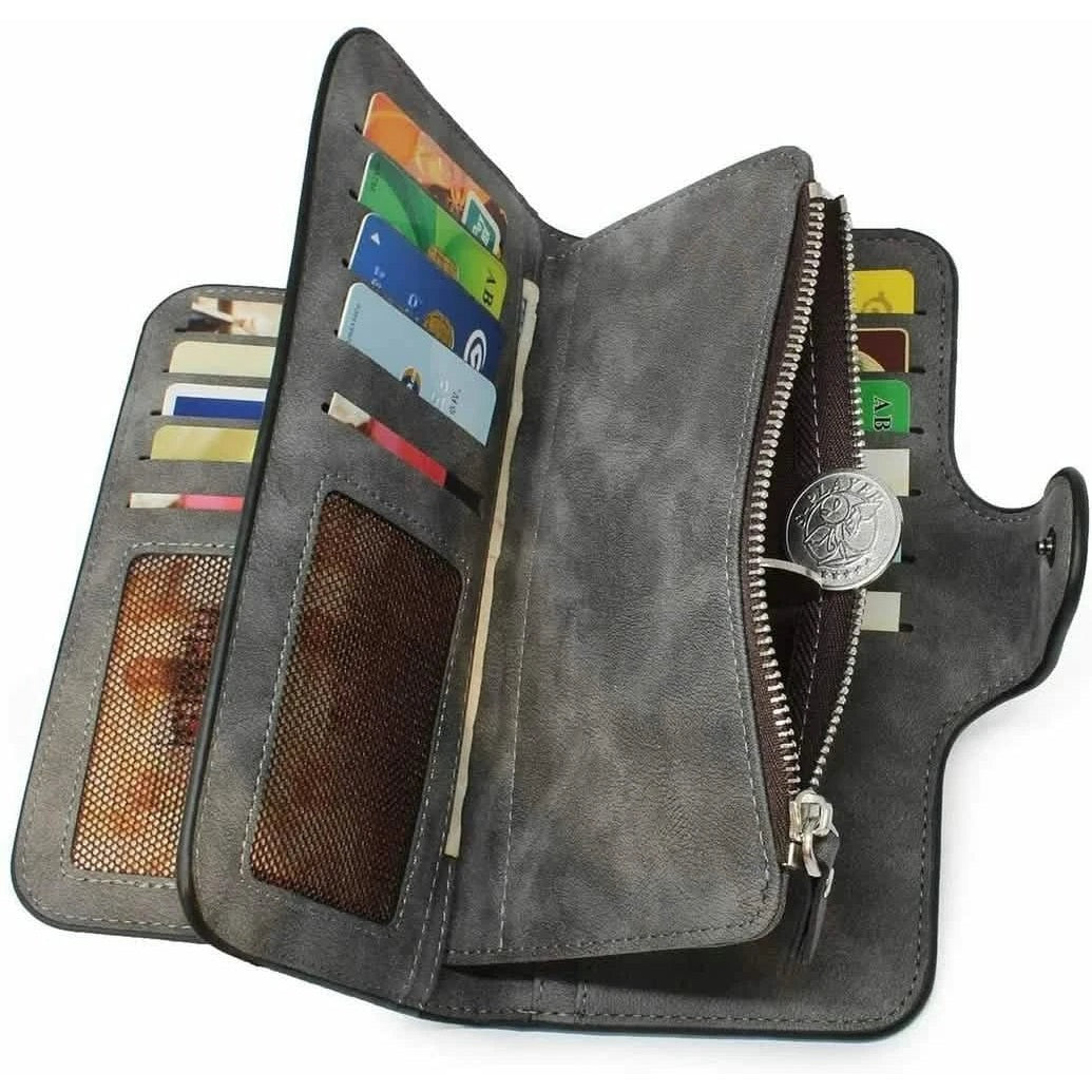 Vintage Faux Leather Long Wallet – Trifold Credit Card Holder with Snap & Zipper 14