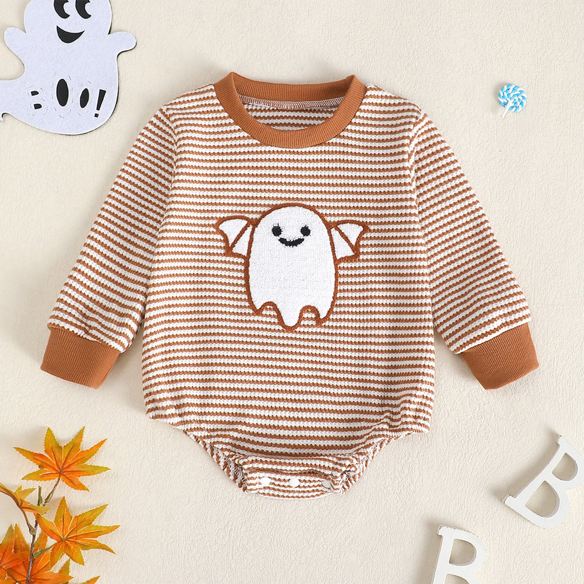 Baby Girl Waffle Knit Striped Long Sleeve Romper with Ghost Embroidery 3
