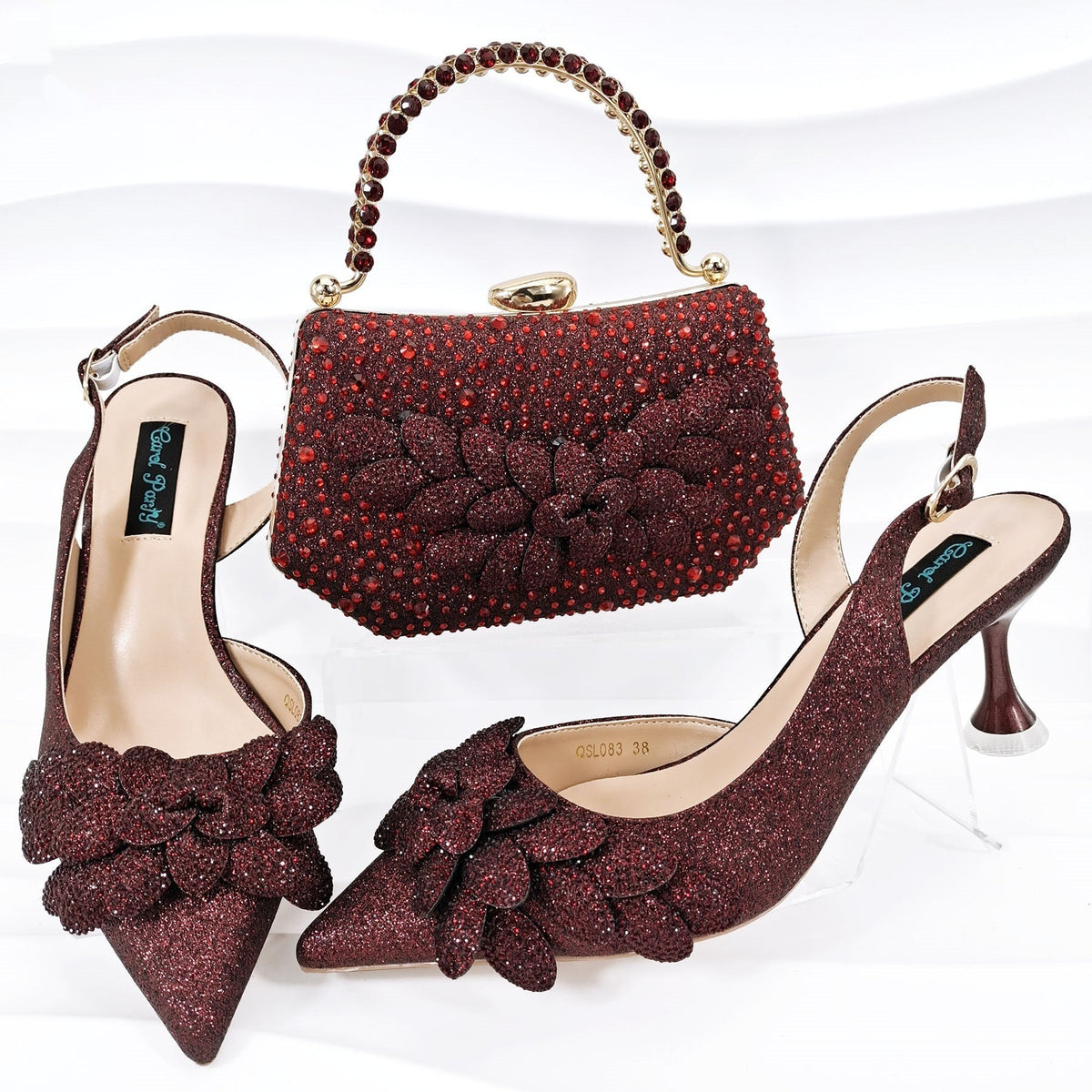 Cross-border Ladies Party Shoes Bag Set Handmade Leaf Decorative Wine Glass Heel 10