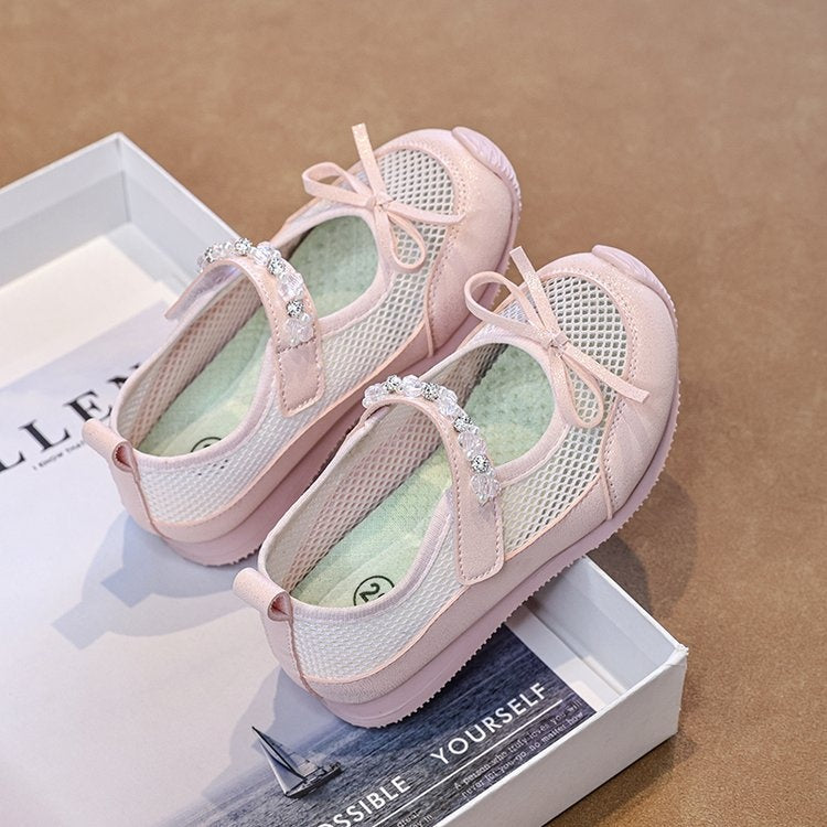 2026 Summer New Girls Ballet Shoes, Mary Jane Sandals With Bow & Rhinestone, Breathable Soft Sole Kids Shoes 3
