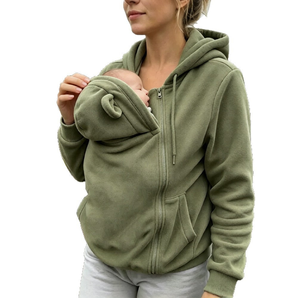 Winter European And American Style Kangaroo Mom Sweatshirt Loose Zipper Hoodie Warm Outerwear For Moms With Kids 5