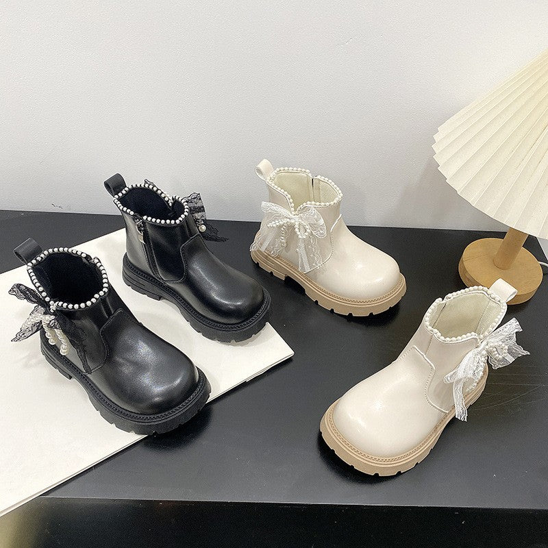 2026 Spring New Princess Boots For Girls, Kids Martin Boots, Bow & Pearl Decor Soft Sole Leather Boots For Big & Medium Kids 5