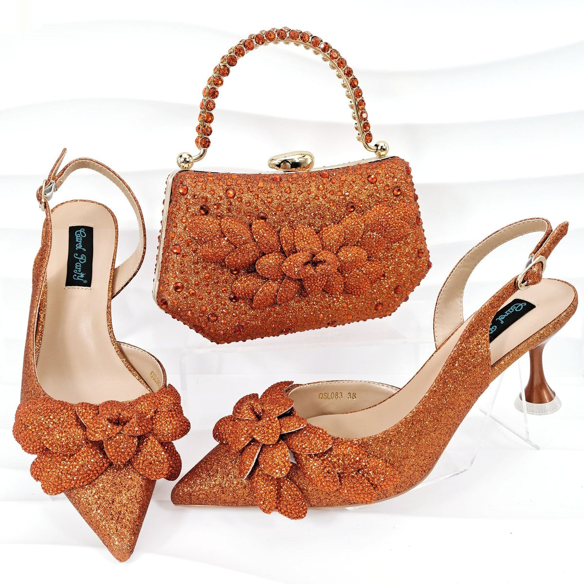 Cross-border Ladies Party Shoes Bag Set Handmade Leaf Decorative Wine Glass Heel 8