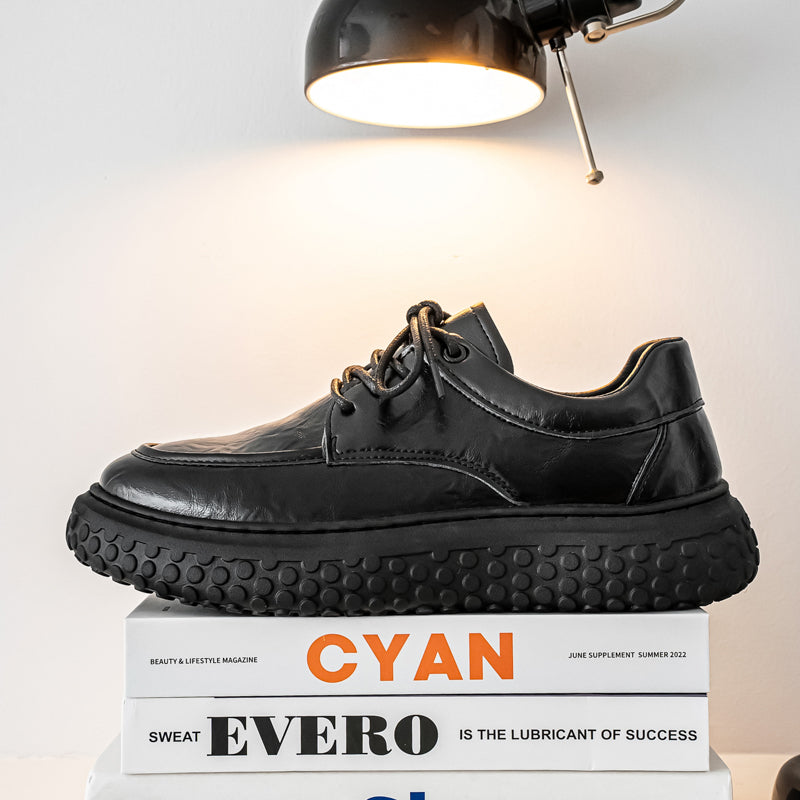 Trendy Brand Men's Leather Shoes, British Style Fashion Thick Sole Casual Footwear, Low-top Lace-up Height-increasing Breathable Black Loafers 4