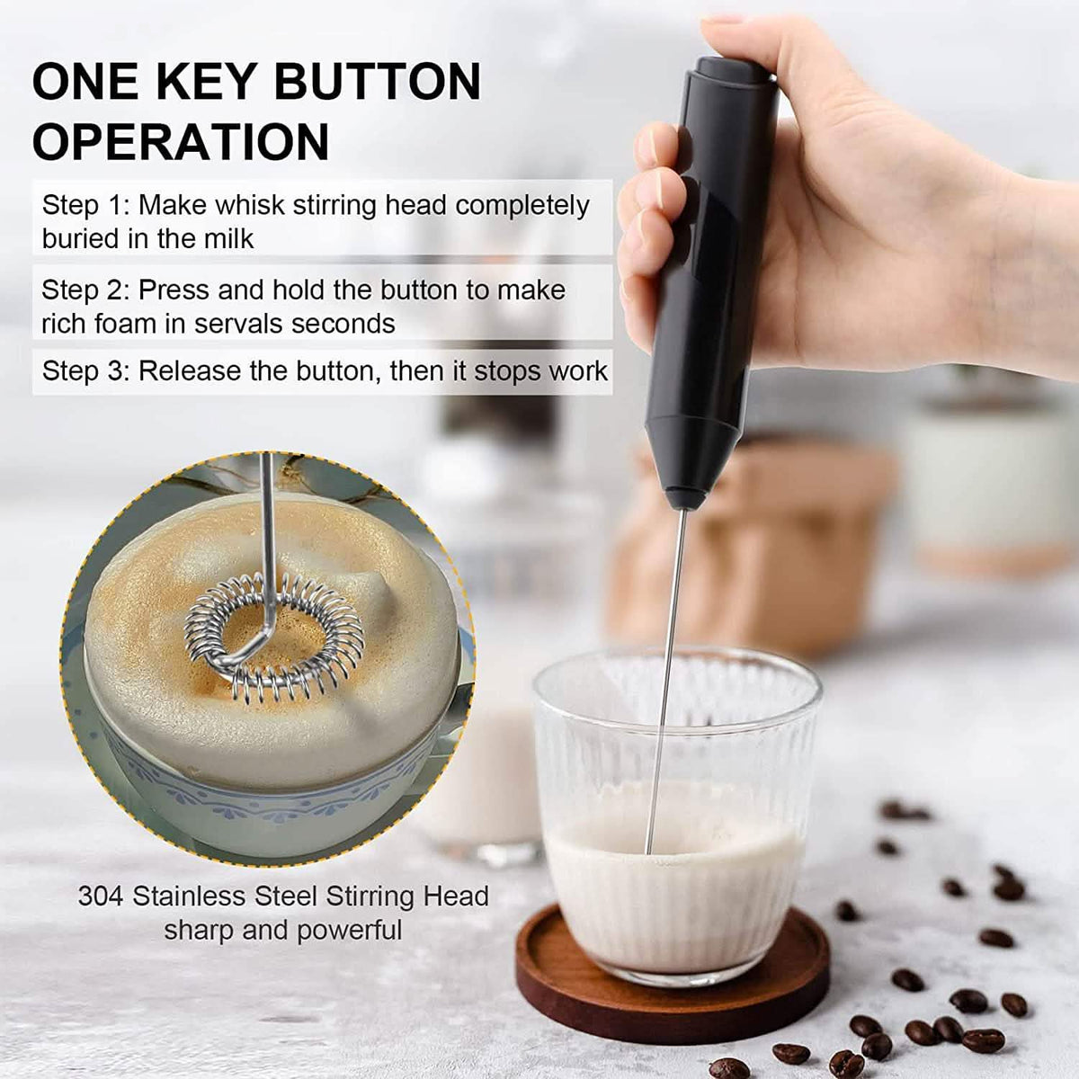 Electric Milk Frother Handheld with Stainless Steel Stand 3