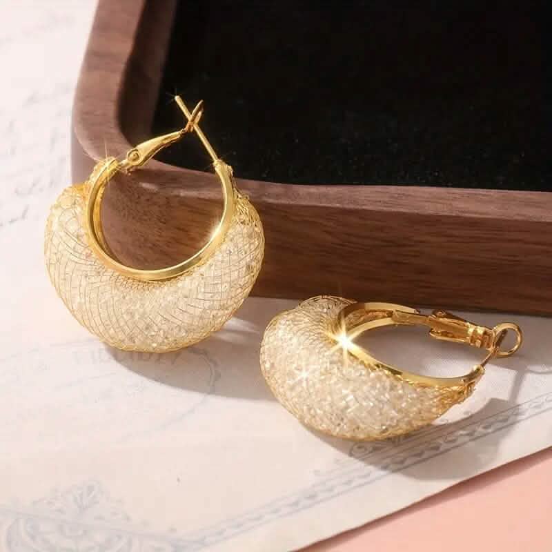 Elegant Crescent Mesh Hoop Earrings with Sparkling Cubic Zirconia 5
