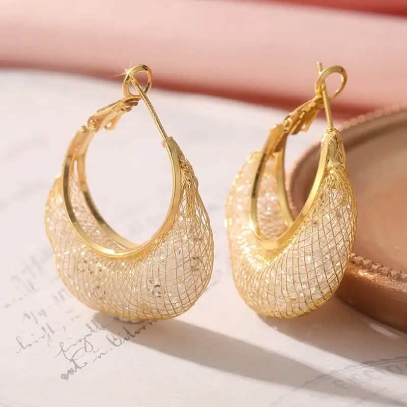 Elegant Crescent Mesh Hoop Earrings with Sparkling Cubic Zirconia 6