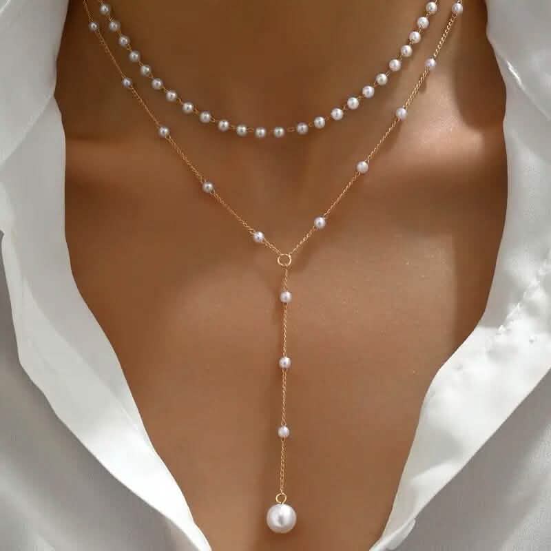 Elegant Vintage Style Double-Layer Pendant Necklace with Imitation Pearl Accents and Tassel Drop 1